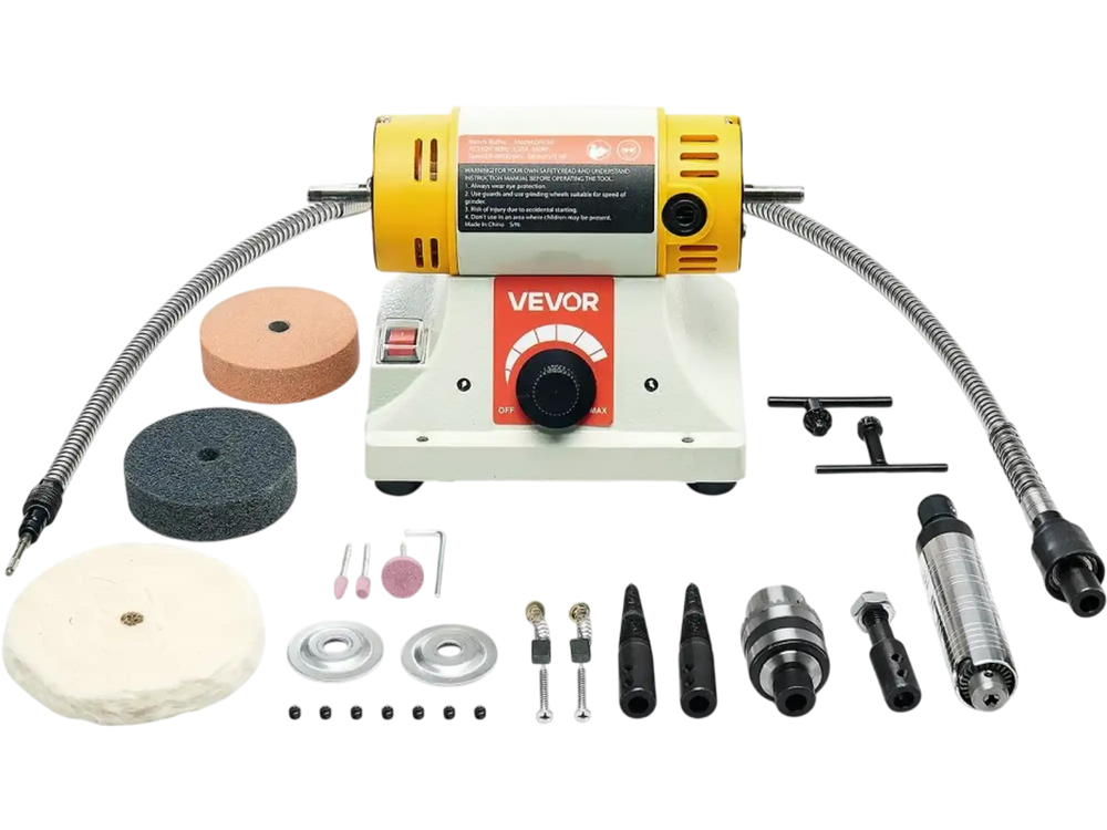 VEVOR Bench Buffer Polisher, 1/2HP Polishing Buffing Machine, 0 to 8000RPM Benchtop Polisher Grinder with 4" Cloth Wheel, 3" Grinding Wheel & 3" Fiber Wheel for Metal, Jewelry, Wood and Plastic