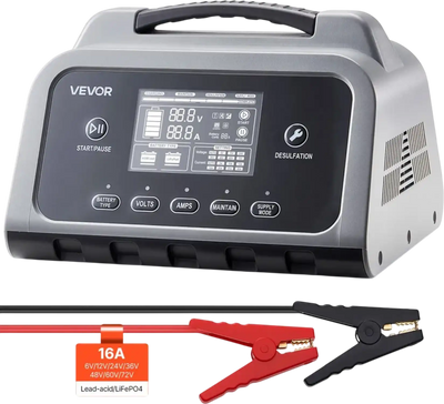 VEVOR Smart Battery Charger, 16A, 6V 12V 24V 36V 48V 60V 72V Lithium LiFePO4 Lead-Acid (Gel/AGM) Car Battery Charger, with LCD Display, Trickle Charging Maintainer Desulfator, for Car Boat Motorcycle