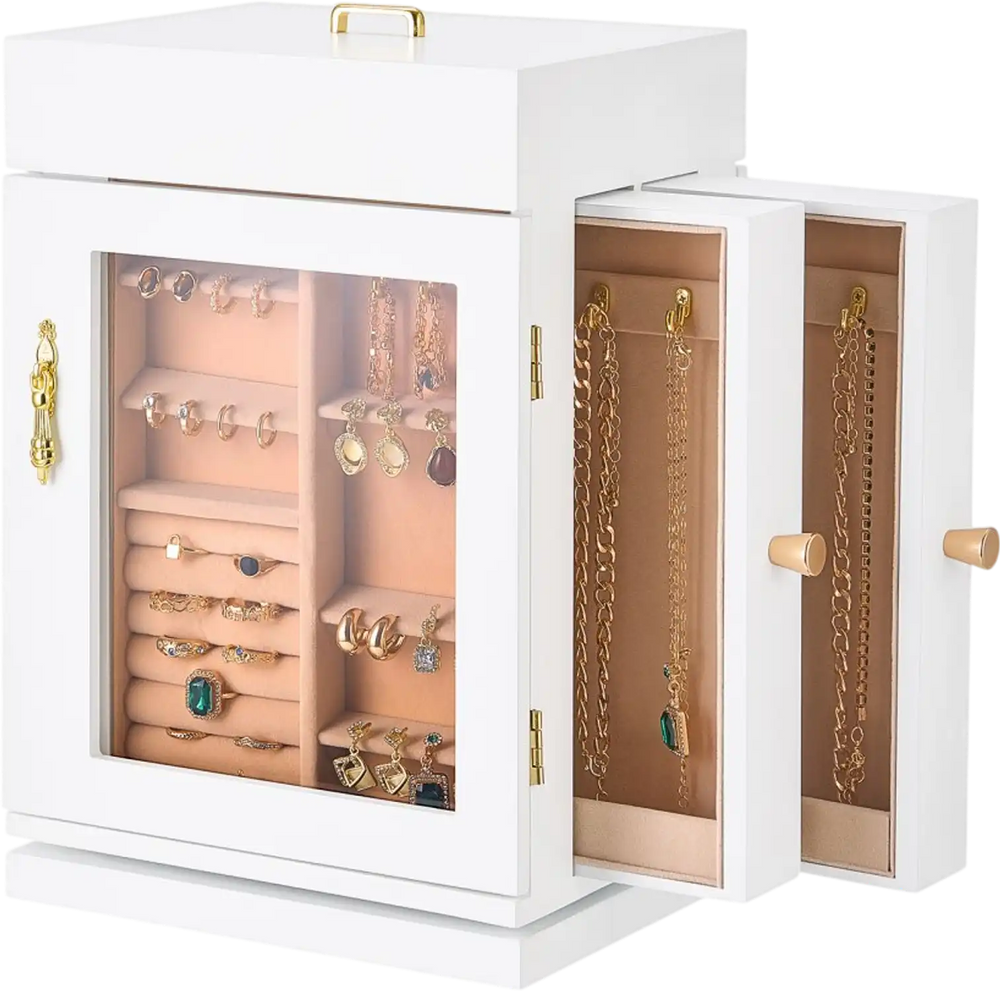 VEVOR Jewelry Box, 360° Rotating Jewelry Organizer with Magnetic Door, Acrylic Window and Built-in 4 Necklace Hooks, Spacious Storage Case with Metal Handles, Bottom Pad and Soft Flannel Lining, White