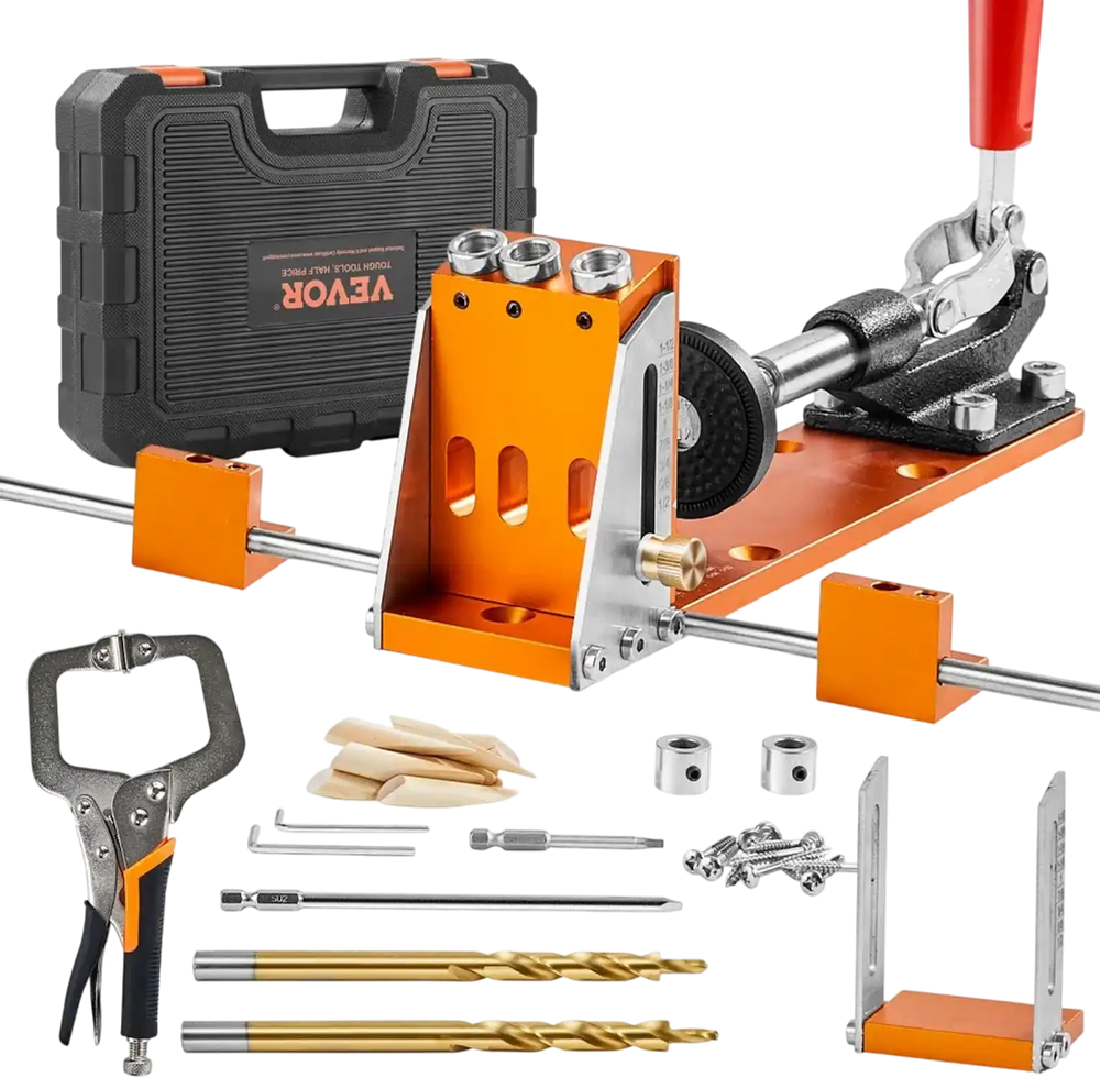 VEVOR Pocket Hole Jig Kit, 34 Pcs Pocket Hole Jig System with 11" C-clamp,  Fixture, Step Drills, Wrenches, Drill Stop Rings, Square Drive Bits, Toolbox, Adjustable, for DIY Carpentry Projects