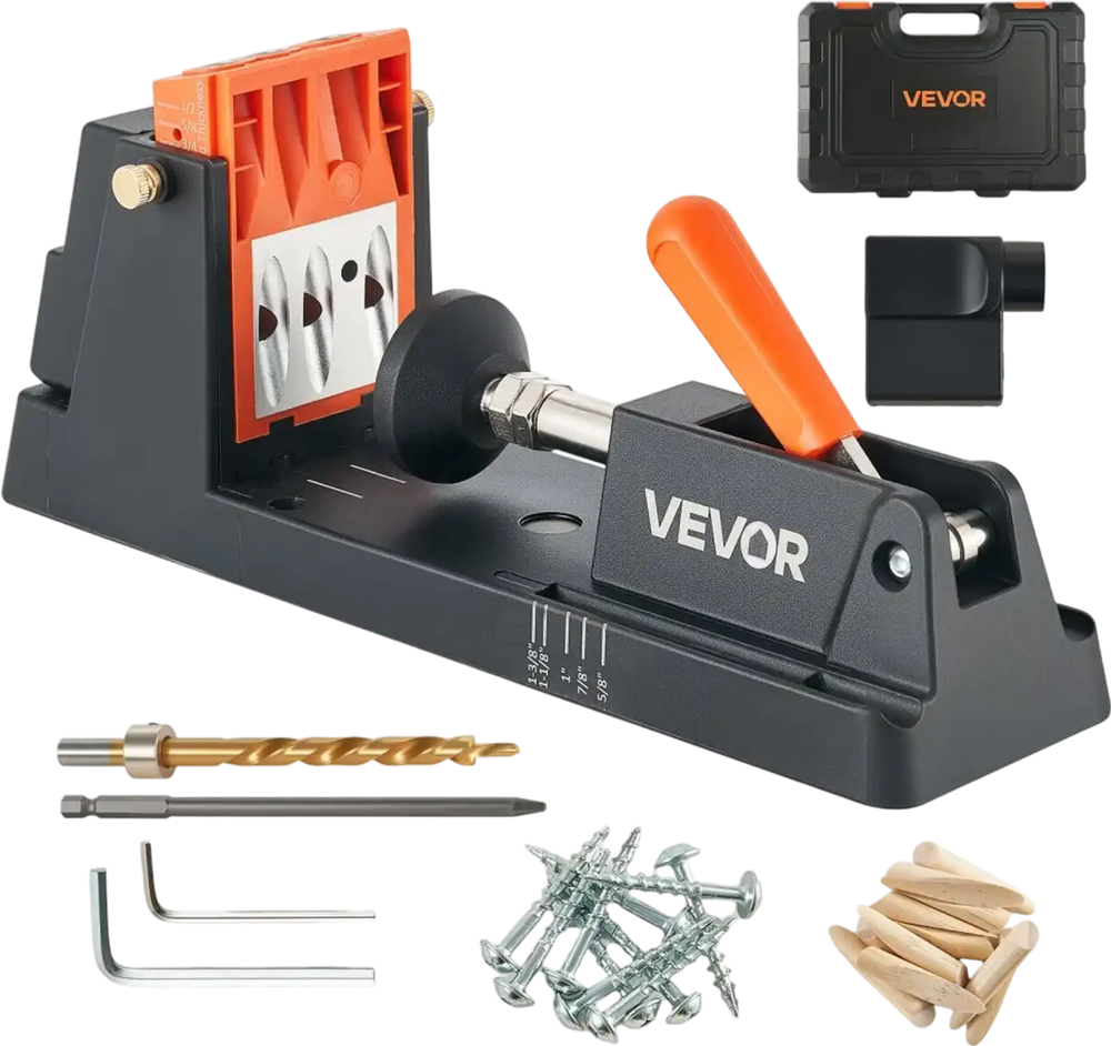 VEVOR Pocket Hole Jig Kit, 1/2" to 1-1/2" Adjustable, Lightweight Jig Pocket Hole System with Dust Collection Adapter, Detachable Guide Block, Drill Bit, Stop Collar, Easy Adjusting, for Woodworking