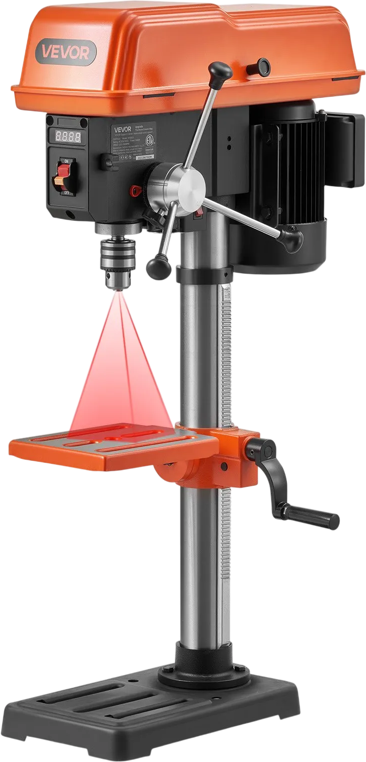 VEVOR 10-Inch Benchtop Drill Press, 5 Amp, 0.8 HP 600W Bench Drill Press, 530-3140 RPM Variable Speed, 0-45° Tilting Worktable, with Laser and LED Work Light, Tabletop Drilling Machine, for Wood Metal