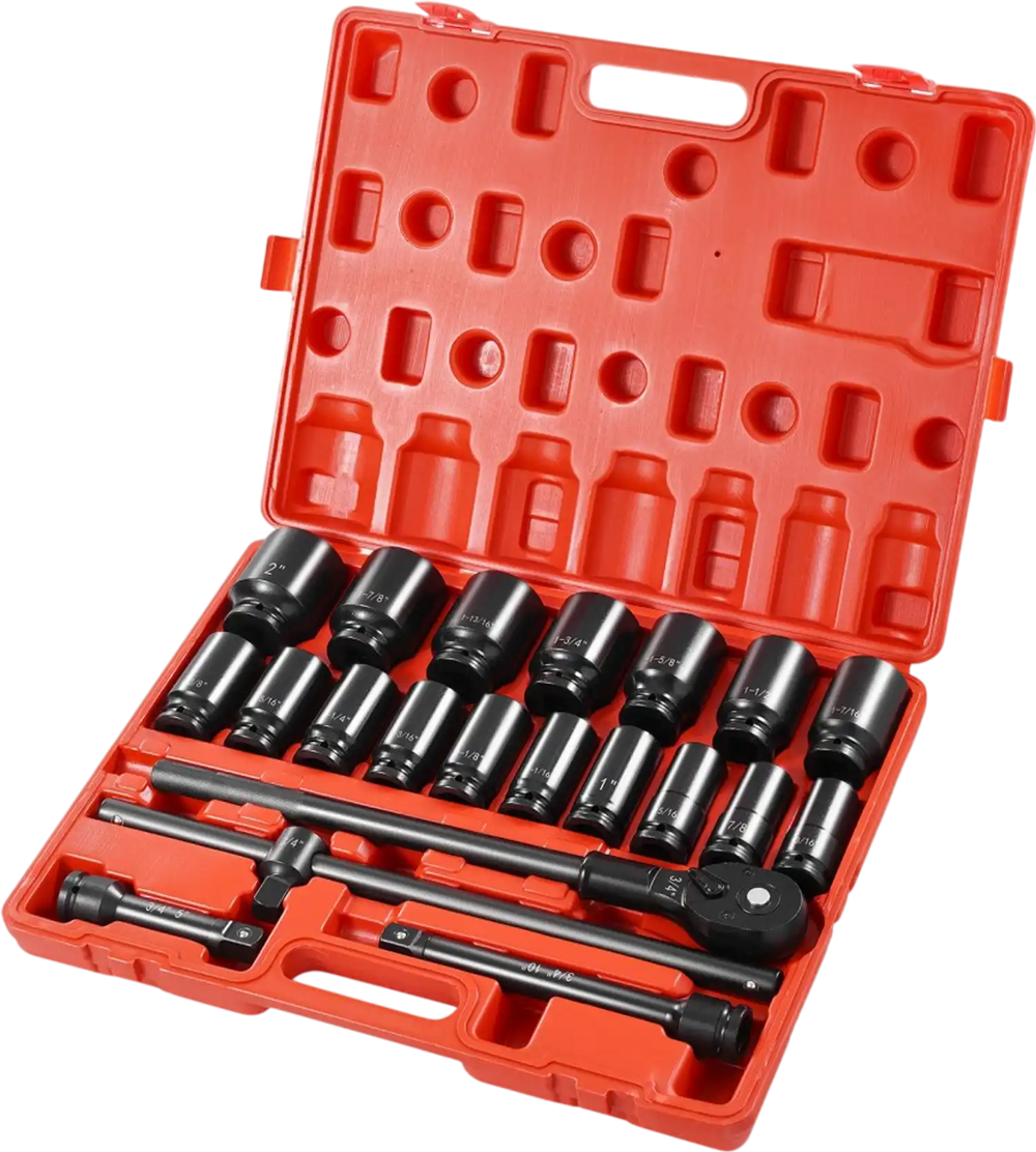 VEVOR Impact Socket Set 3/4 Inches 22 Piece Deep Impact Sockets, Socket Assortment 3/4 Inches Drive Socket Set Impact Standard SAE Sizes 7/8 Inches to 2 Inches Includes Adapters and Ratchet Handle