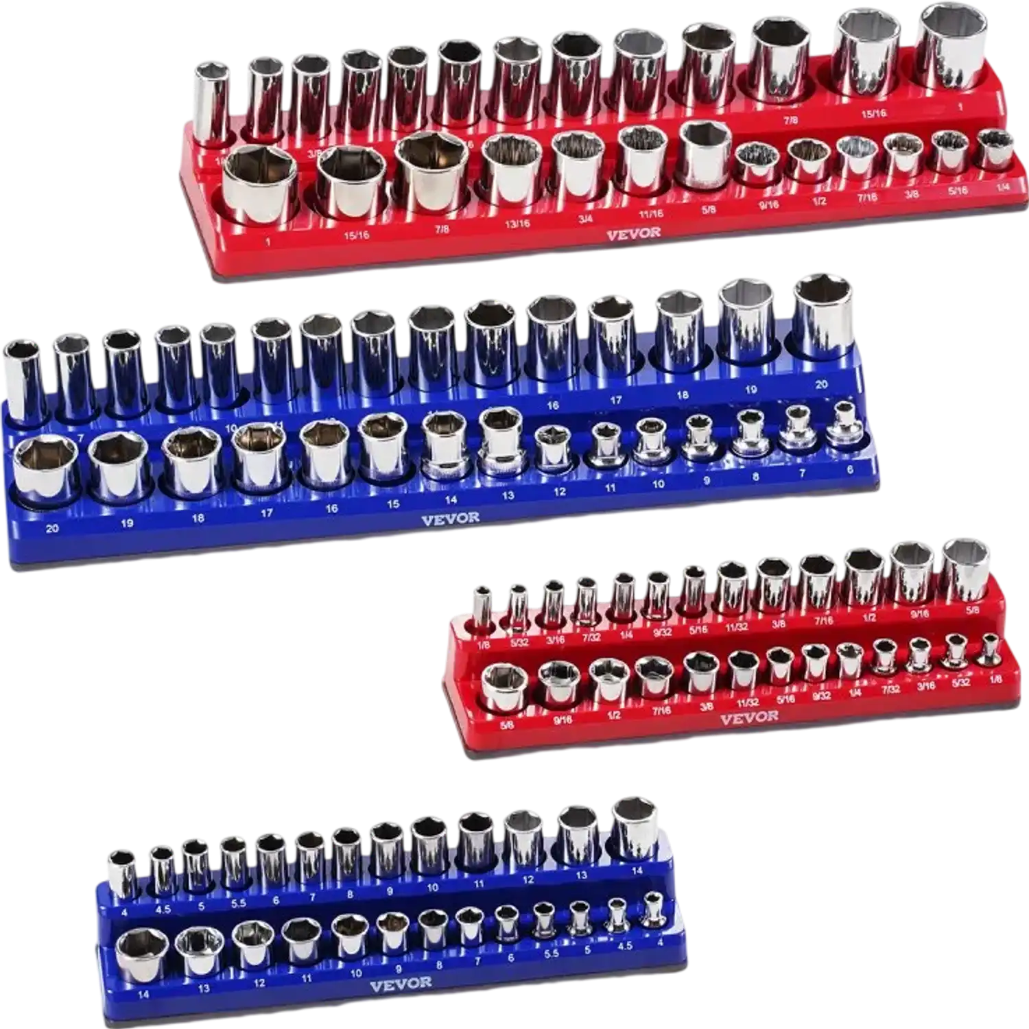 Vevor Socket Organizer Magnetic Socket Tray Set 4-Pc Metric SAE Blue Red New