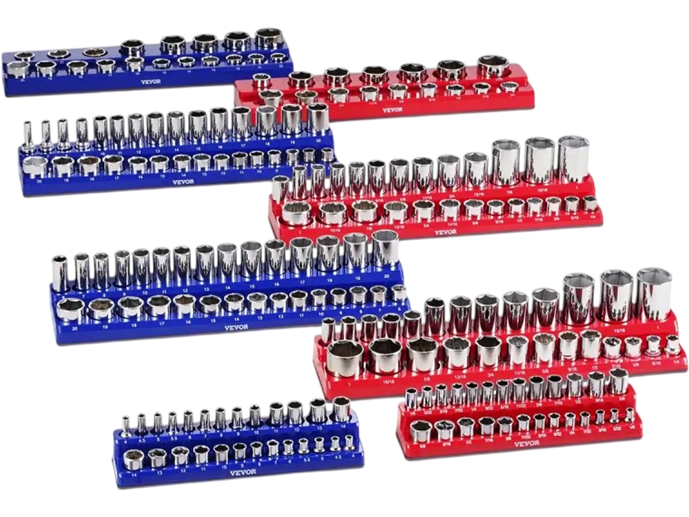 VEVOR Magnetic Socket Organizer Set, 8PCS Socket Holder, 1/4'', 3/8'' & 1/2'' Metric SAE Socket Trays with Clear Labels, Hold up to 199PCS Standard & Deep Sockets, Blaue & Red (Sockets Not Included)