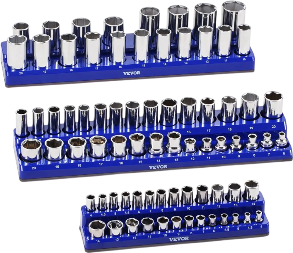 VEVOR Magnetic Socket Organizer Set, 3PCS Magnetic Socket Holder, 1/4'', 3/8'' & 1/2'' Metric Socket Trays with Clear Labels, Hold up to 75PCS Standard & Deep Sockets, Blue (Sockets Not Included)
