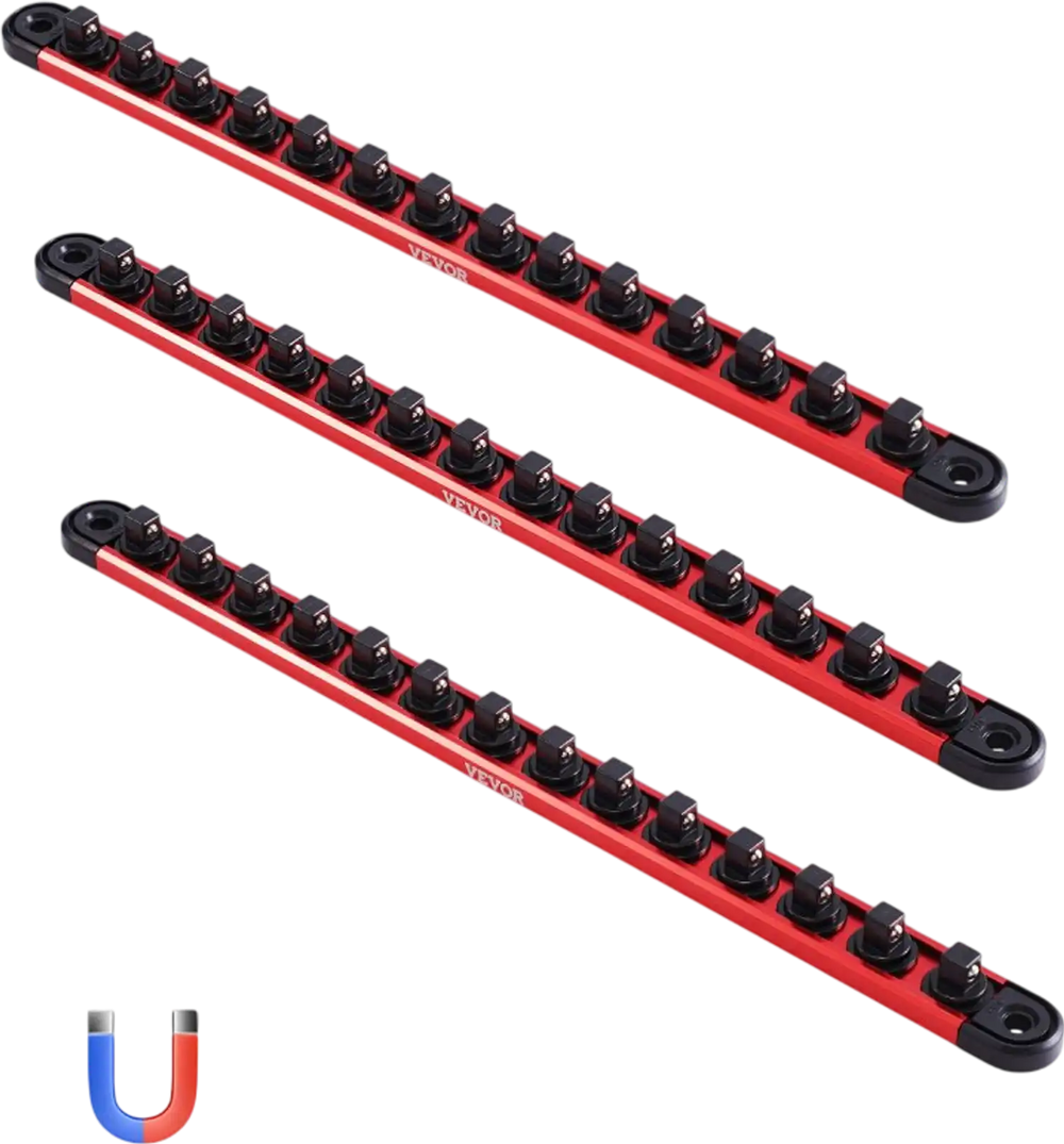 VEVOR Socket Organizer Rail Set, 3PCS Metric & SAE Aluminum Socket Organizers, 1/4'', 3/8'' & 1/2'' Heavy-Duty Socket Holder with 360° Rotating Clips for Tool Box, Hold up to 40 Sockets, Red & Black