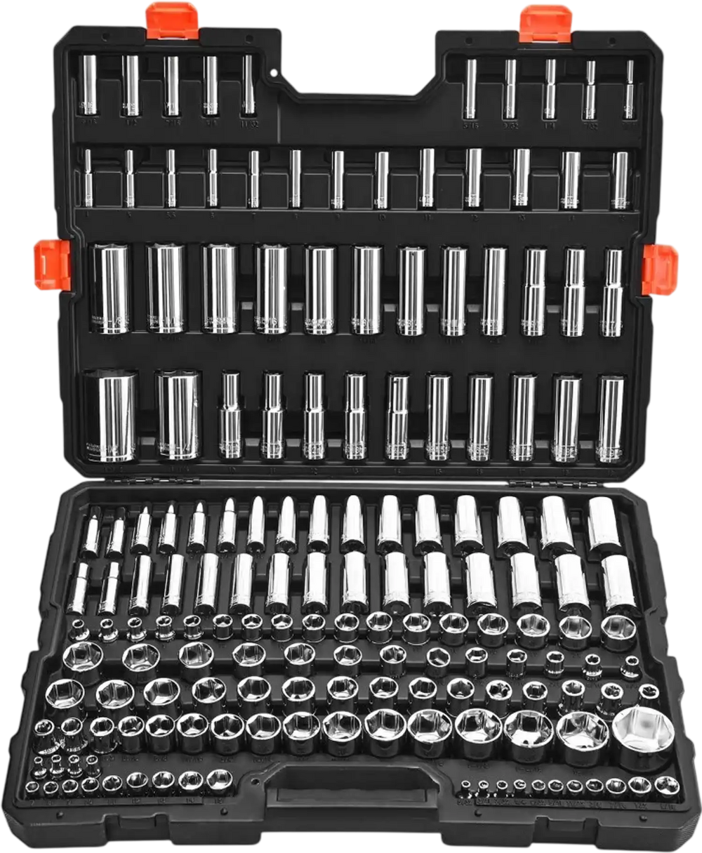 VEVOR Socket Set, 163 Pieces, 3/8 & 1/4 & 1/2 inch Drive Socket Tool Set, SAE and Metric, Deep and Standard, Mechanic Tool Kit with Storage Case, Chrome Plated CR-V Alloy Steel, for Automotive Repair