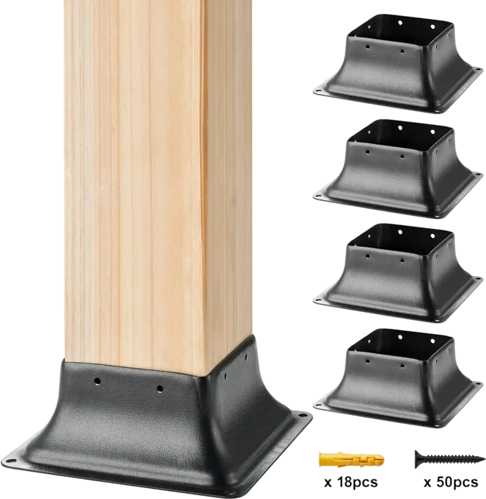 VEVOR 4x4 Post Base 4Pcs, Internal 3.6"x3.6" Heavy Duty Powder-Coated Steel Post Bracket Fit for Standard Wood Post Anchor, Decking Post Base for Deck Porch Handrail Railing Support