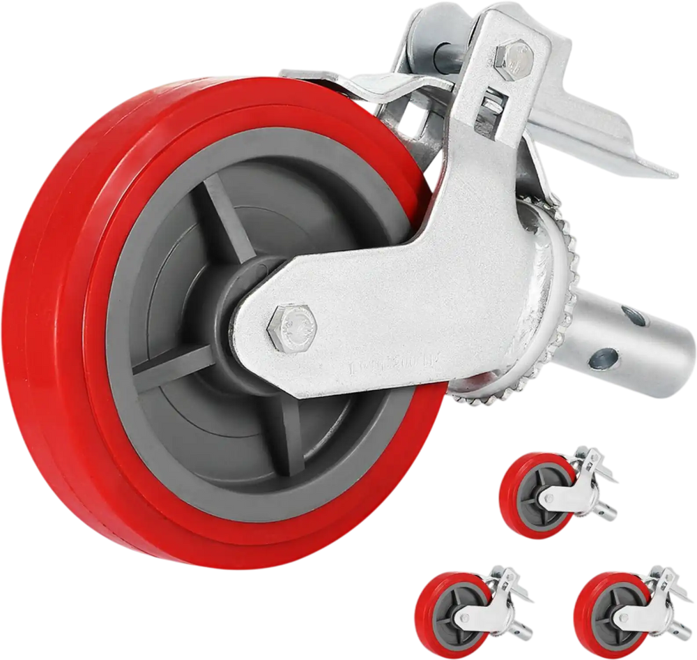 VEVOR Scaffolding Wheels Set of 4, 8\" - Scaffolding Casters Heavy Duty, 3200 Lbs Per Set - Locking Stem Casters with Brake, Red Polyurethane - Replacement for Scaffold, Shelves, Workbench