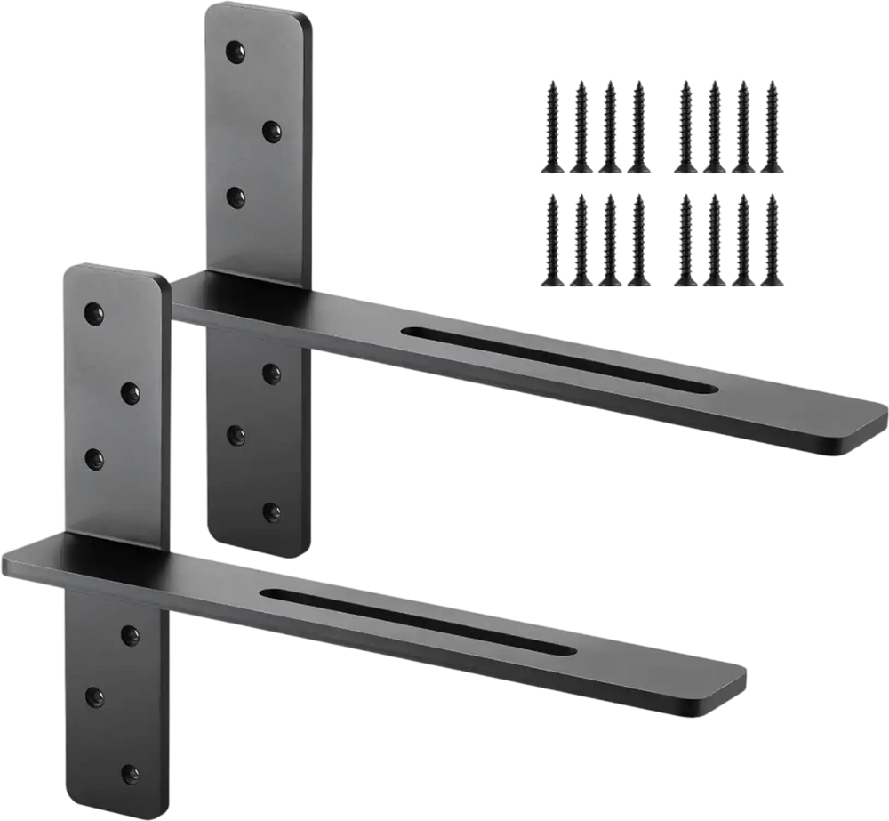 VEVOR T Shelf Brackets 2 Pcs, 200 lbs/90 kg Weight Capacity, 16x2.89x12 in / 406.4x73.5x304.8 mm, Solid Steel Heavy Duty Brackets for Shelves, Countertop Support Floating Bracket Hardware with Screws