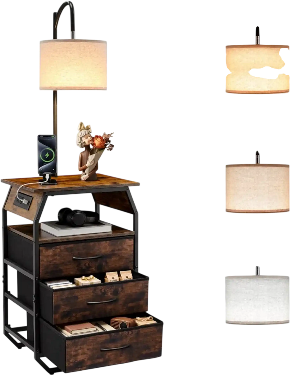 VEVOR Floor Lamp with Table, 2-Tier End Table with 3 Drawers and 3 Color Temperature Lighting, Modern Side Nightstand Bedside Desk with USB & Type C & AC Charging Port for Living Room, Bedroom, Dorm