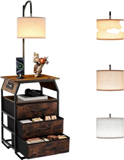 VEVOR Floor Lamp with Table, 2-Tier End Table with 3 Drawers and 3 Color Temperature Lighting, Modern Side Nightstand Bedside Desk with USB & Type C & AC Charging Port for Living Room, Bedroom, Dorm