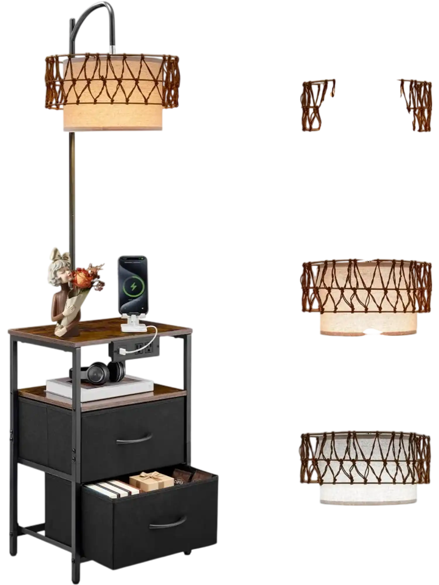 Vevor Floor Lamp with Table 2-Tier End Table with 2 Drawers and 3 Color Temperature LED Bulb New