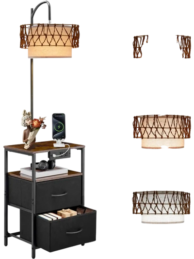 VEVOR Floor Lamp with Table, 2-Tier End Table with 2 Drawers and 3 Color Temperature LED Bulb, Modern Side Nightstand Bedside Desk with USB & Type C & AC Charging Port for Living Room, Bedroom, Dorm