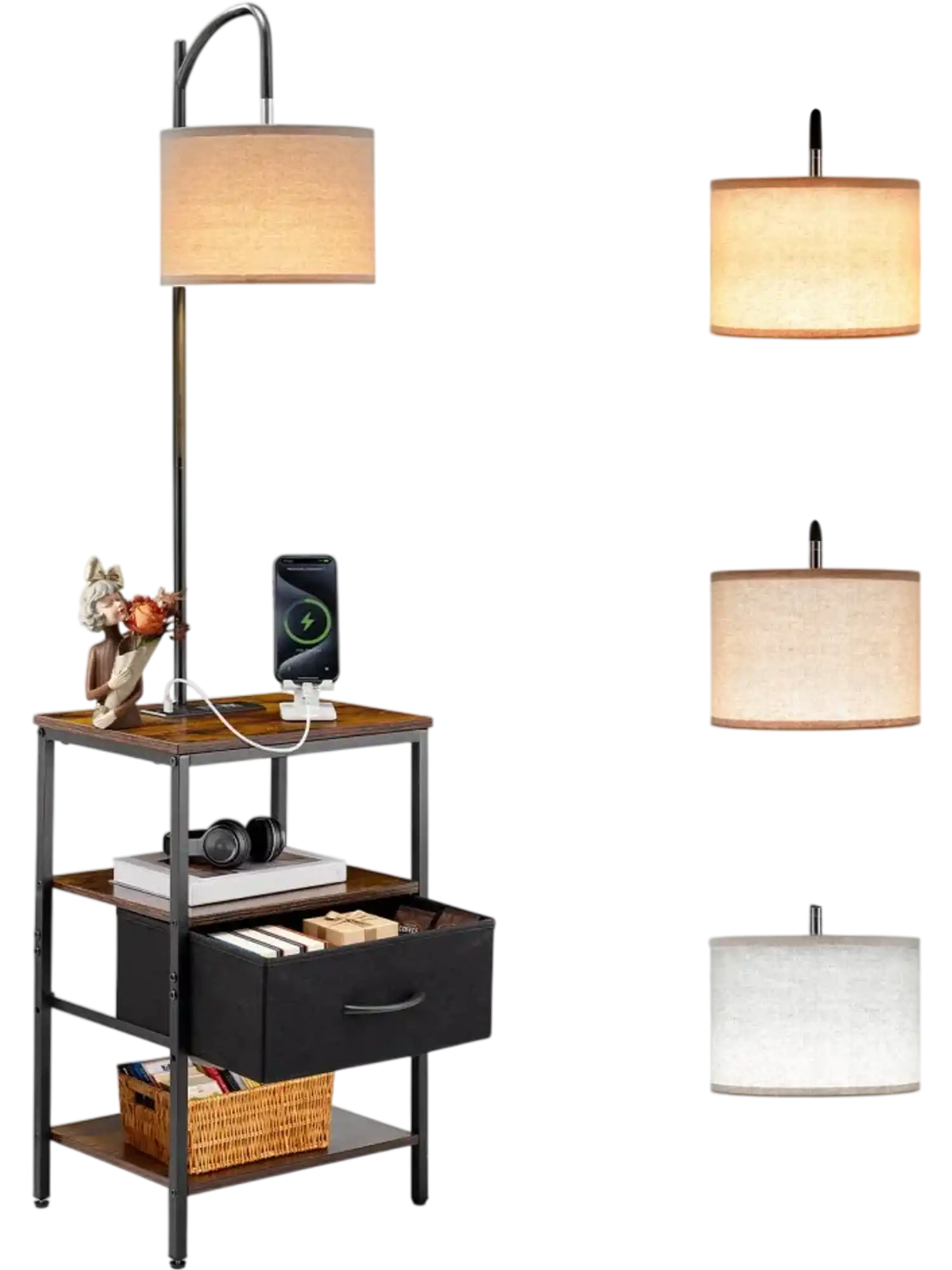 Vevor Floor Lamp with Table 3-Tier End Table with Drawer and 3 Color Temperature Lighting New