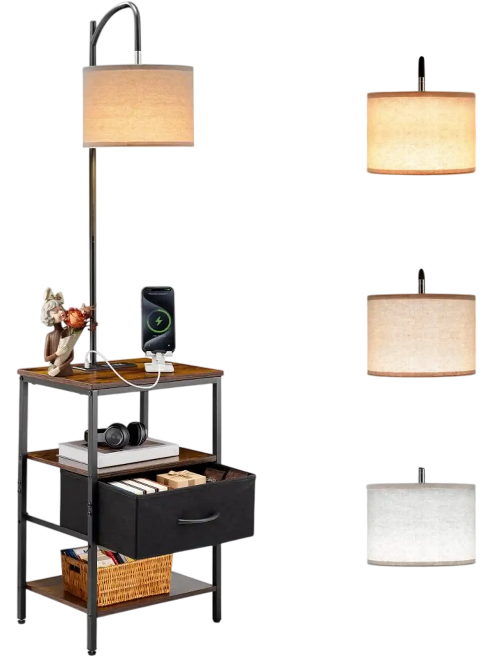 VEVOR Floor Lamp with Table, 3-Tier End Table with Drawer and 3 Color Temperature Lighting, Modern Side Nightstand Bedside Desk with USB & Type C & AC Charging Port for Living Room, Bedroom, Dorm