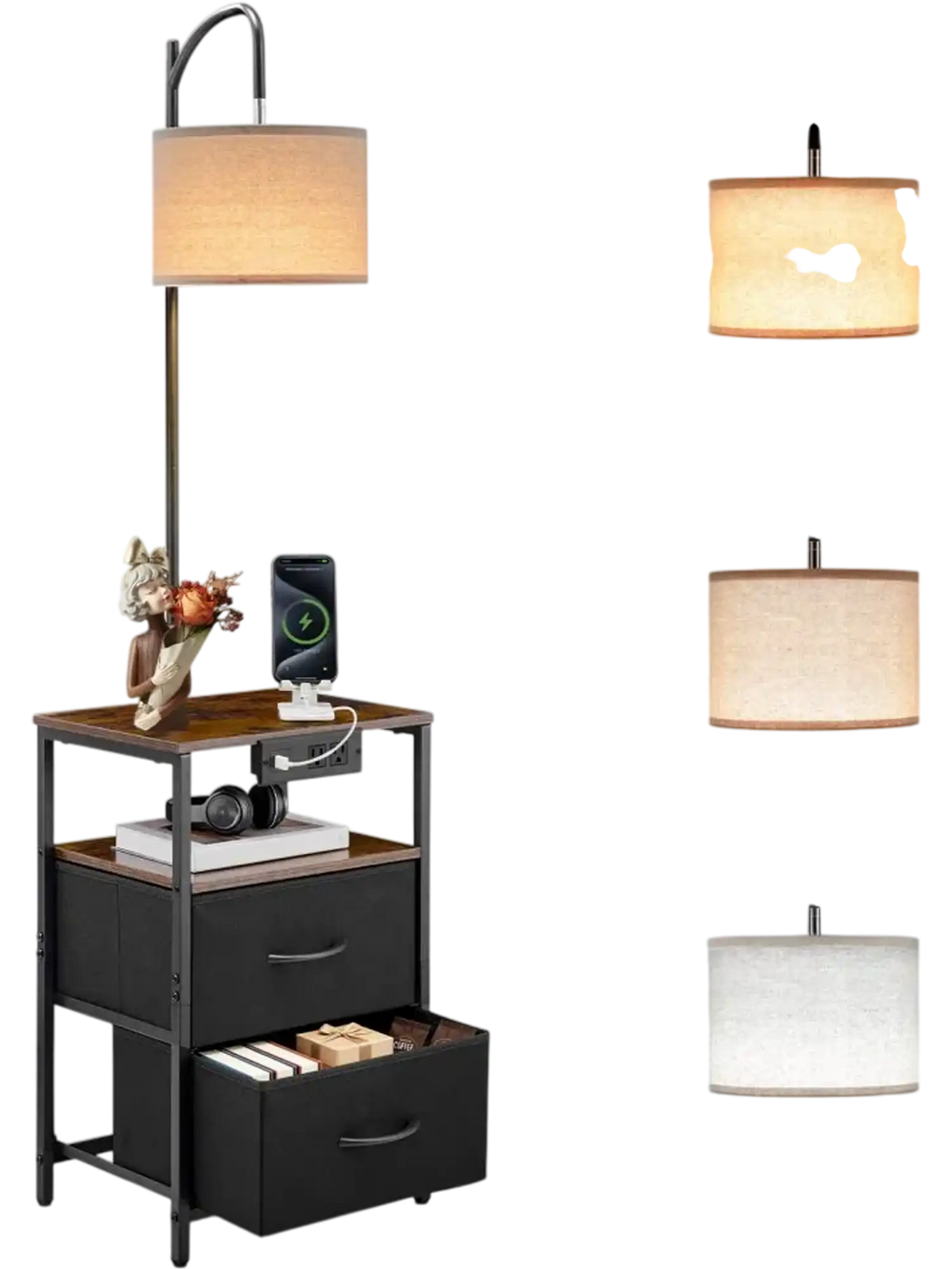 VEVOR Floor Lamp with Table, 2-Tier End Table with 2 Drawers and 3 Color Temperature Lighting, Modern Side Nightstand Bedside Desk with USB & Type C & AC Charging Port for Living Room, Bedroom, Dorm