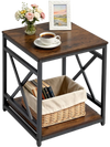 VEVOR End Table, 2-Tier Square Side Table with Open Storage Shelves, Modern Nightstand Bedside Desk with X-Design Metal Frame, Wood Sofa Coffee Desk for Living Room, Bedroom, Office, Dorm, Brown