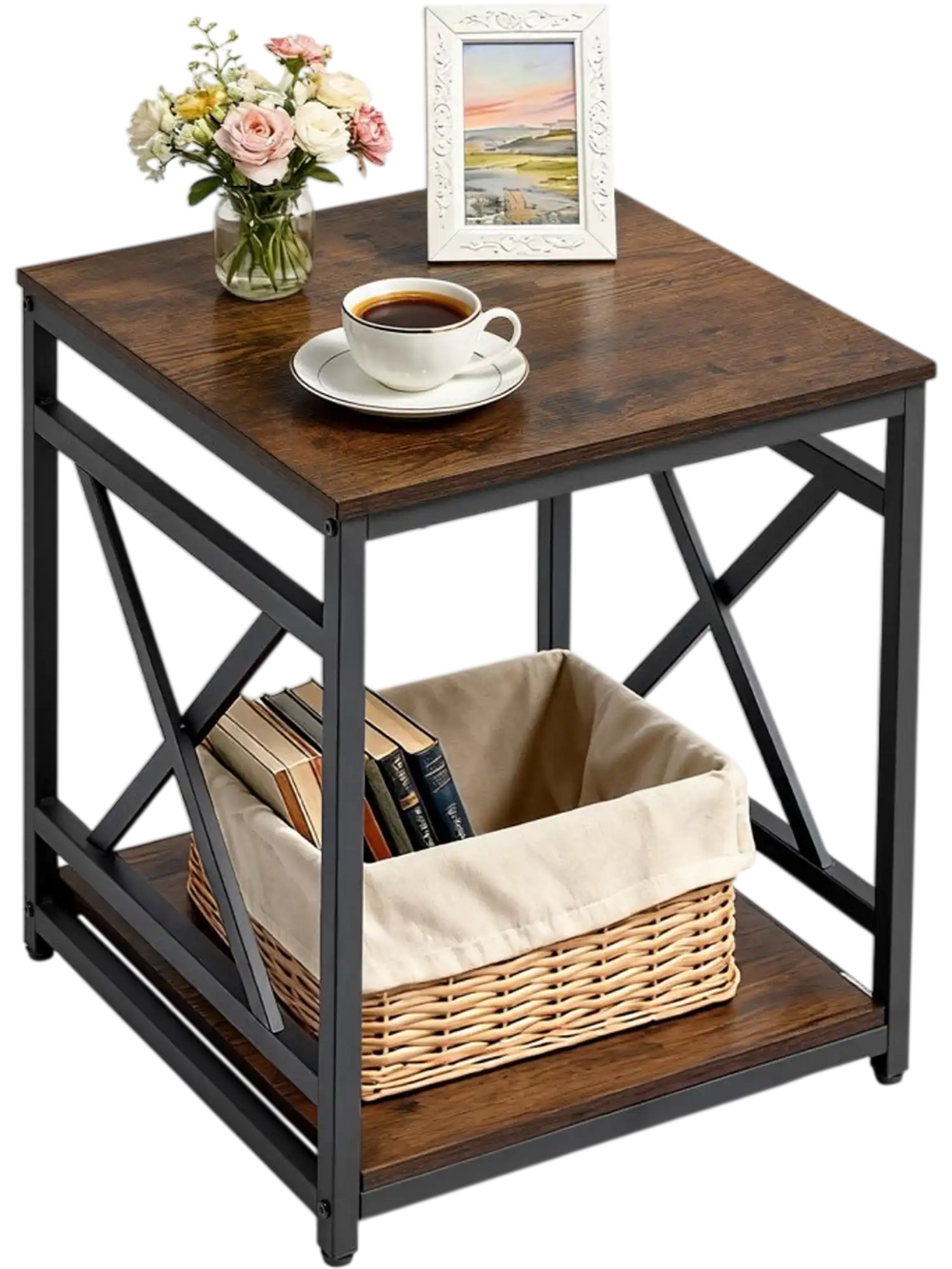 VEVOR End Table, 2-Tier Square Side Table with Open Storage Shelves, Modern Nightstand Bedside Desk with X-Design Metal Frame, Wood Sofa Coffee Desk for Living Room, Bedroom, Office, Dorm, Brown