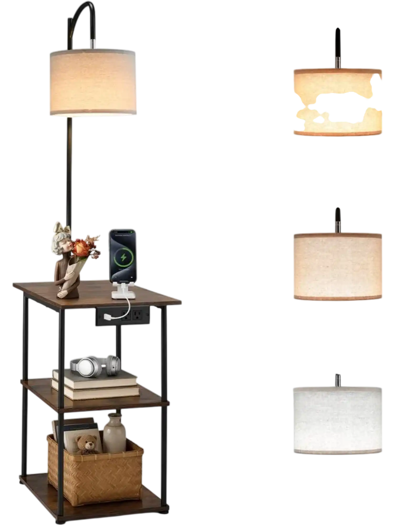 Vevor Floor Lamp with Table 3-Tier End Table with Open Shelves and Charging Station New