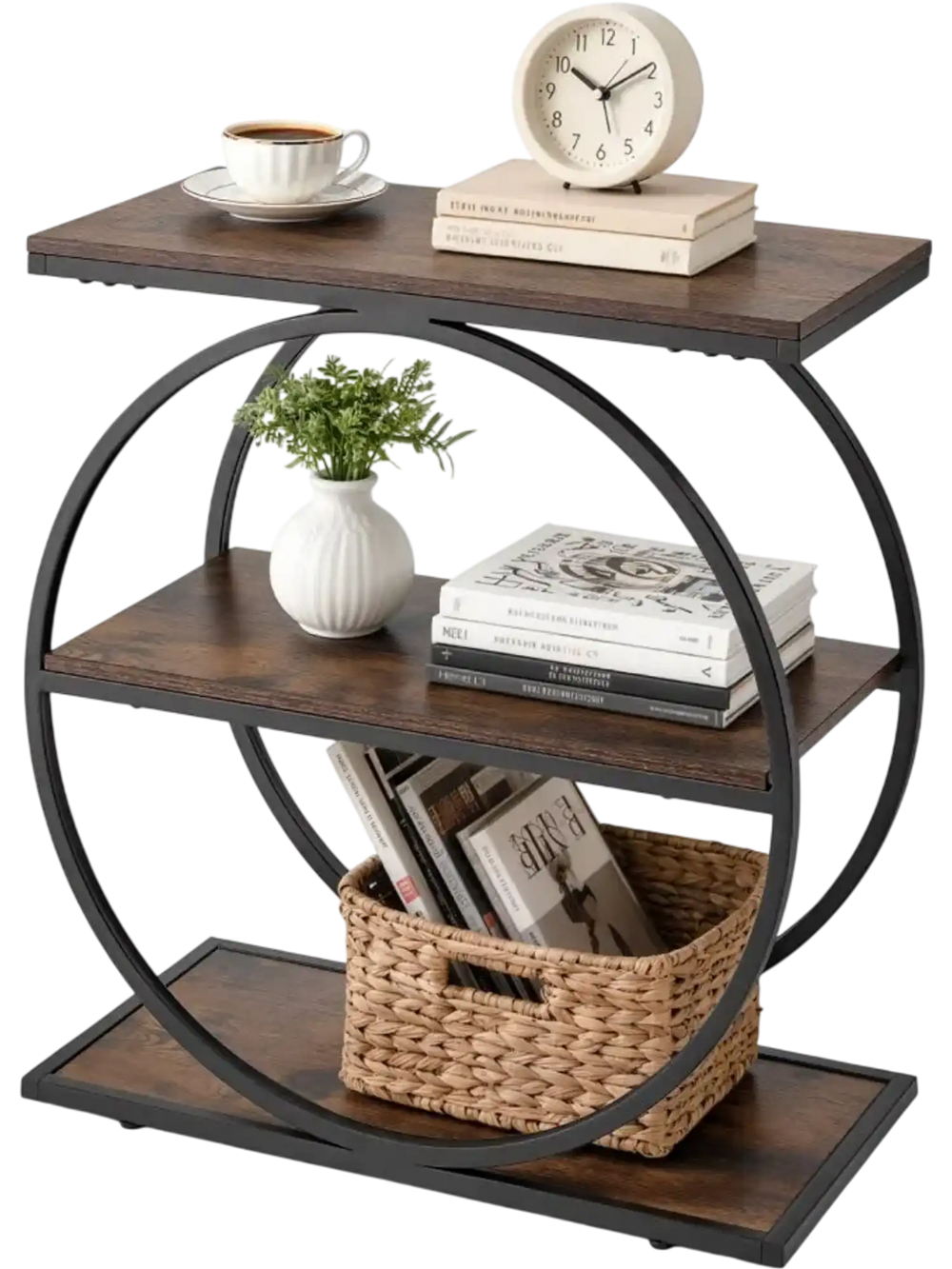 VEVOR End Table, 3-Tier Narrow Side Table with Open Storage Shelves, Modern Nightstand Bedside Desk with Round Metal Frame, Wood Sofa Coffee Desk for Living Room, Bedroom, Office, Rustic Brown