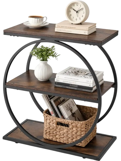 VEVOR End Table, 3-Tier Narrow Side Table with Open Storage Shelves, Modern Nightstand Bedside Desk with Round Metal Frame, Wood Sofa Coffee Desk for Living Room, Bedroom, Office, Rustic Brown