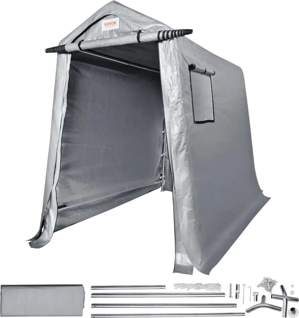 VEVOR Outdoor Storage Shed, 6 x 8 ft Portable Storage Tent with Roll-up Door & Vents, Waterproof Canopy Shed Shelter, Heavy Duty Frame, Patio Garage Carport for Motorcycle, Lawn Mower, Bike, Grey