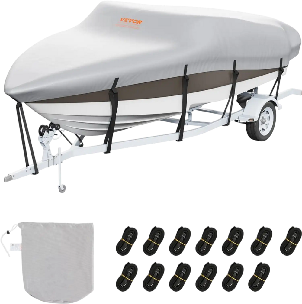 VEVOR Boat Cover, 17'-19' Trailerable Waterproof Boat Cover, 600D Marine Grade PU Oxford, with Motor Cover and Buckle Straps, for V-Hull, Tri-Hull, Runabout, Bass Boat, Fish Ski Boat, Grey