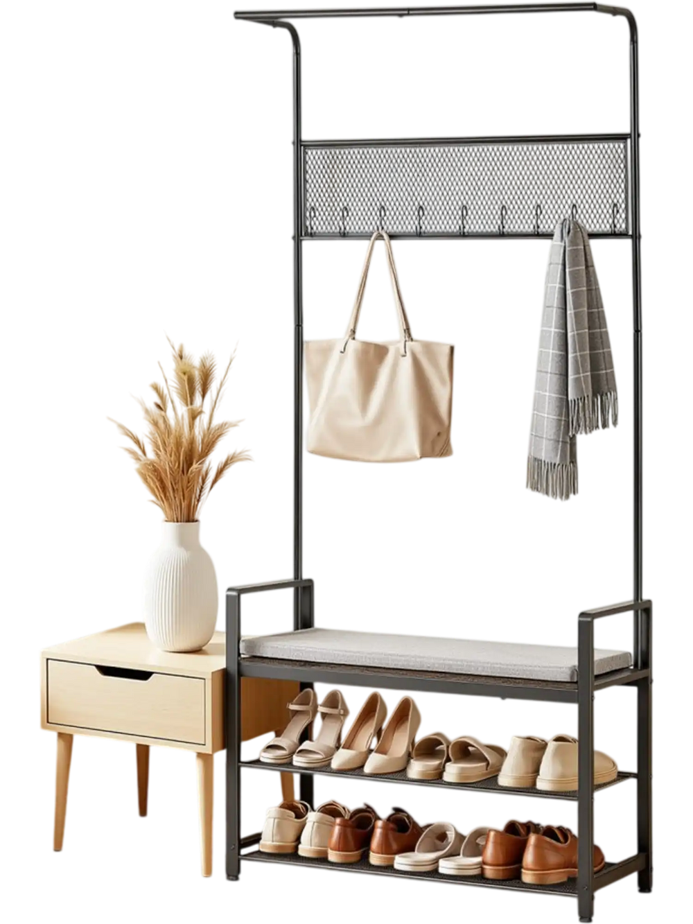 VEVOR Hall Tree, 72 in Coat Rack with Shoe Bench, Freestanding 2-Tier Shoe Rack Storage Organizer with Hooks, Hanging Rod and Wire Shelf, Steel Frame Entrance Coat Holder for Entry, Bedroom, Closet