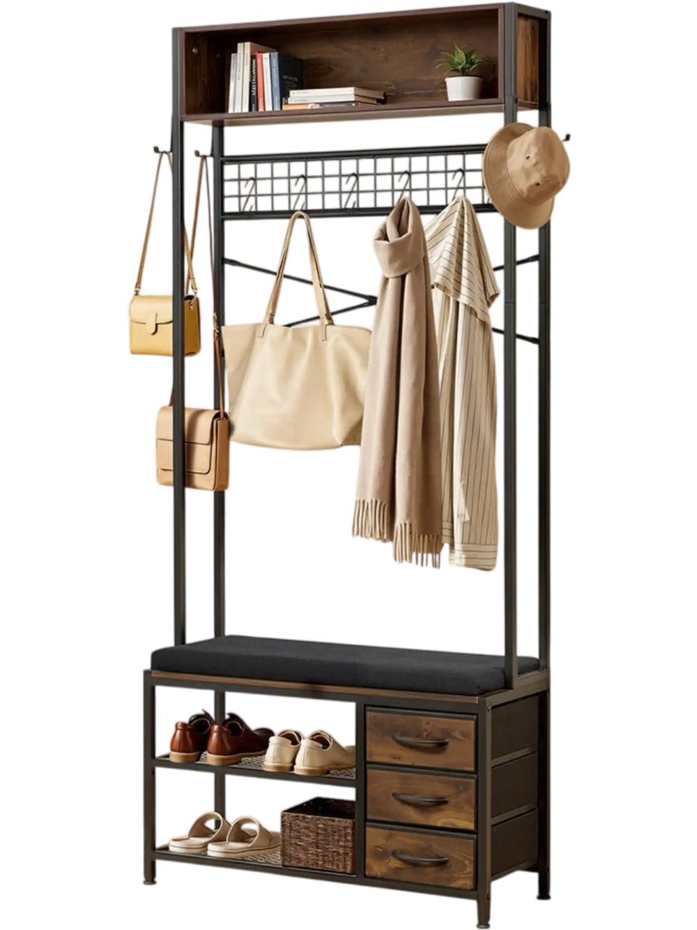 VEVOR Hall Tree, 70.9 in Coat Rack with Shoe Bench & 3 Drawers, 3-in-1 Freestanding Shoe Rack Storage Organizer with Bookshelf & Wire Shelf, Steel Frame Entrance Coat Holder for Entry, Bedroom, Closet