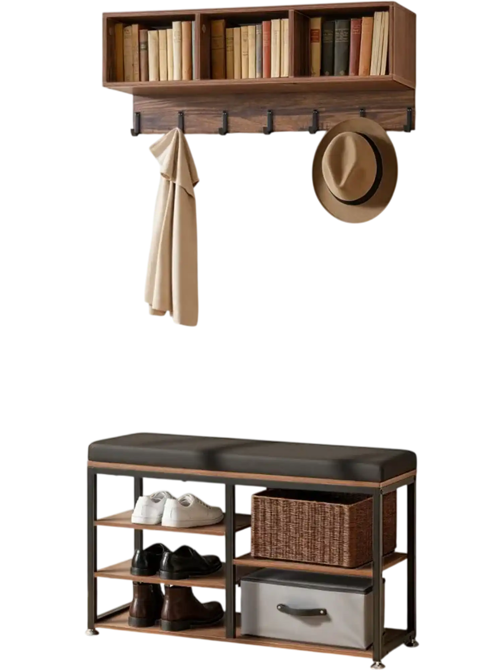 VEVOR Coat Rack with Shoe Bench, 3-in-1 Shoe Coat Rack Combo Set with Hooks and Bookshelf, Steel Frame Hall Tree Entrance Storage Organizer Holder for Entry, Bedroom, Closet, Office, Rustic Brown