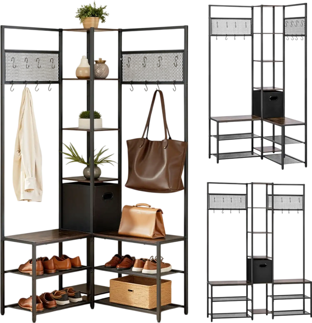 VEVOR Corner Hall Tree with Shoe Bench, 70.9 in Coat Rack with Hooks and Steel Frame, Freestanding Clothes Shoes Rack Storage Organizer with Anti-Tip Set, for Entrance, Closet, Office, Rustic Brown