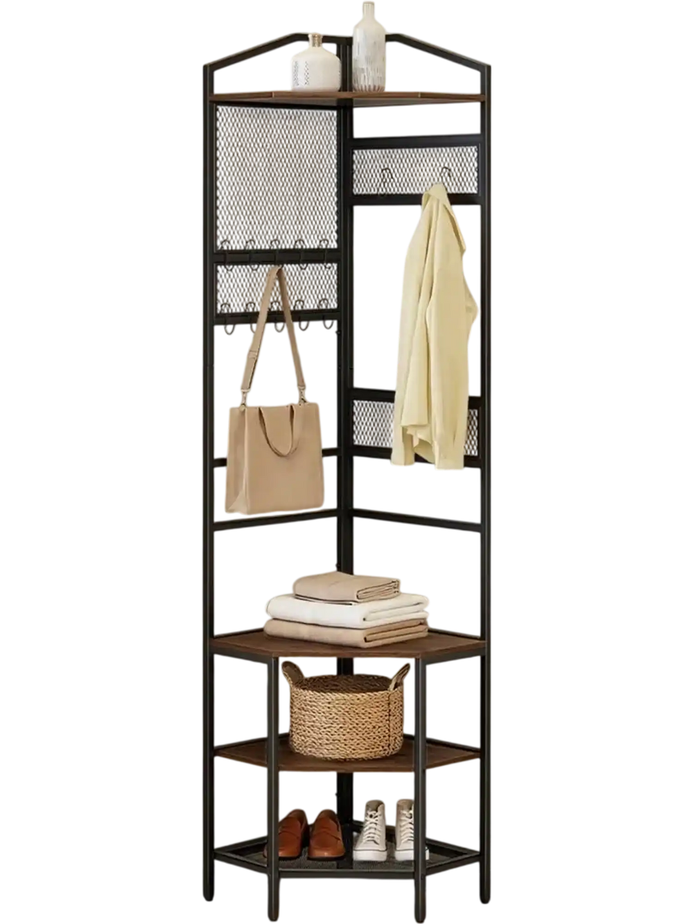 VEVOR Corner Hall Tree, 71.3 in Coat Rack with Hooks, Top Shelf & Steel Frame, Freestanding Clothes Shoes Rack Storage Organizer with Anti-Tip Set, Adjustable Non-Slip Feet for Entrance Closet Office
