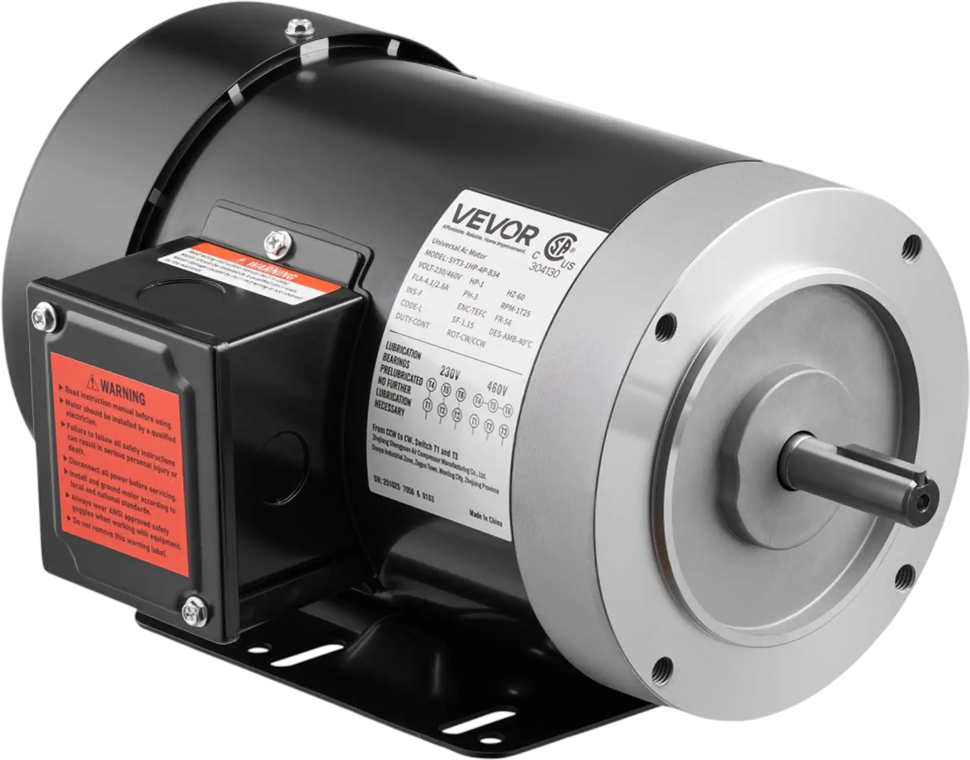 Vevor Electric Motor 1 HP 1725 RPM 3-Phase 230V/460V 56C Frame Air Compressor Motor New