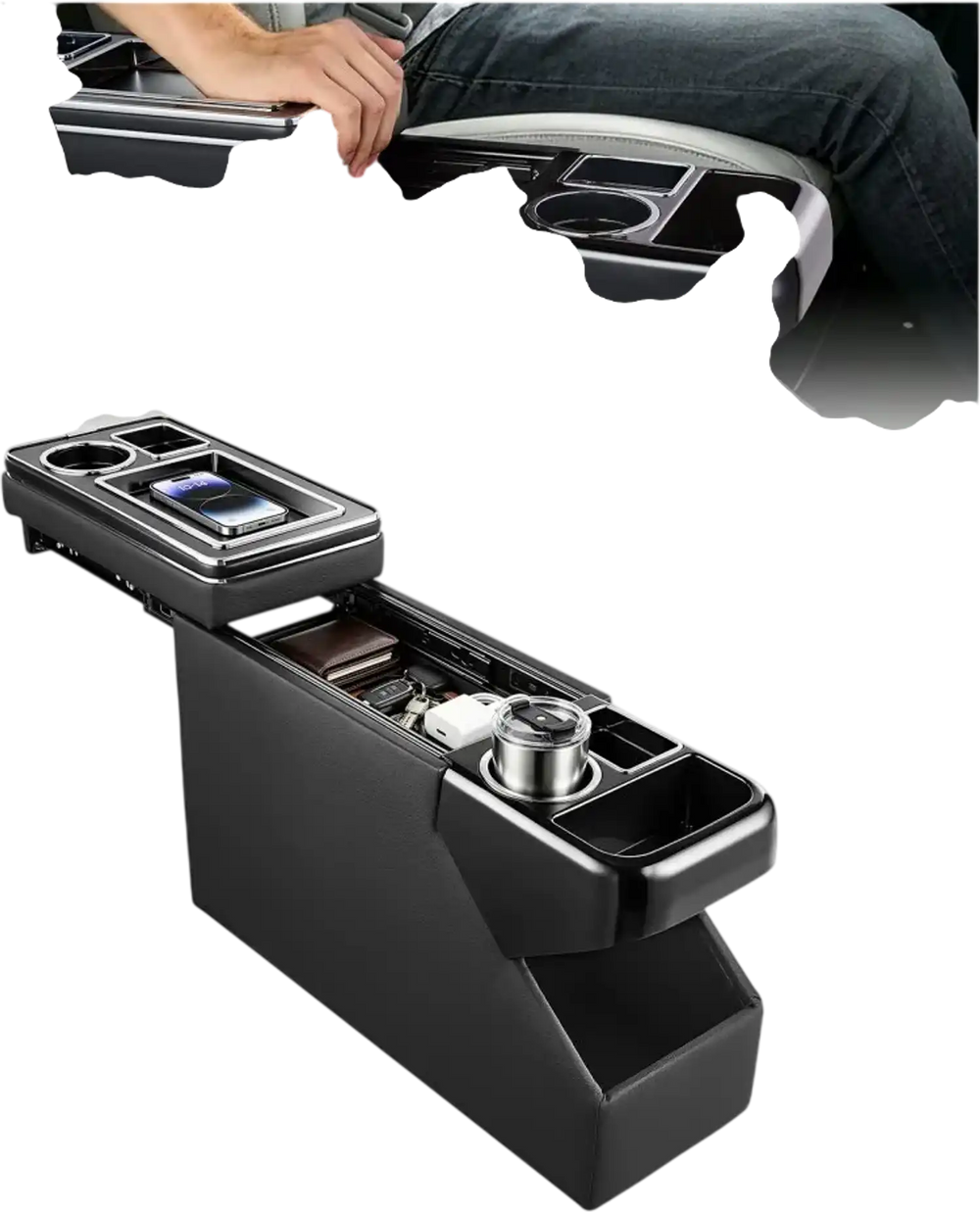 VEVOR Center Console Between Seat Floor Mount Console Storage Box, Central-Console Tools Organizer with Sliding Lid, Cups Holders & Multiple Storage Compartments for Trucks, Minivans, SUVs