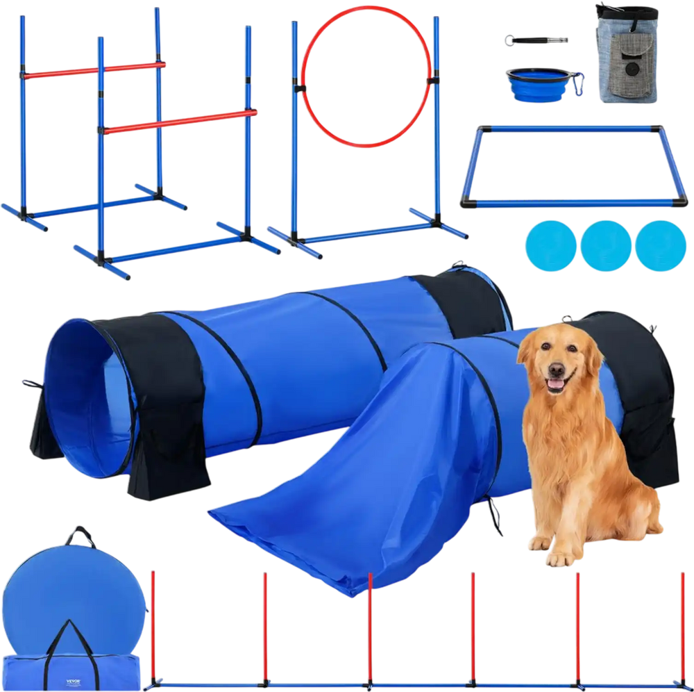 VEVOR Dog Agility Training Equipment, 7 PCS Set w/ Adjustable High Hurdles,6 Weave Poles,2 Tunnels,Jump Ring,Pause Box,Whistle,Foldable Bowl,Puppy Obstacle Course Kit w/ 3 Bags