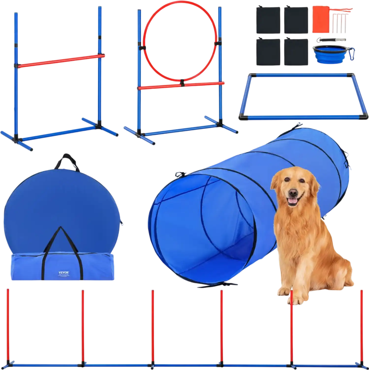 Vevor Dog Agility Training Equipment Adjustable Hurdles Tunnel Jump Ring Obstacle Course Kit New