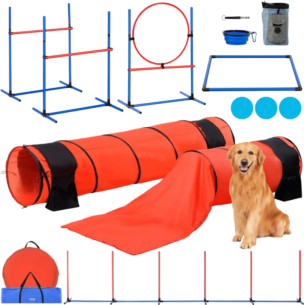 VEVOR Dog Agility Training Equipment, 7 PCS Set Upgrade w/ Adjustable High Hurdles,6 Weave Poles,2 Tunnels,Jump Ring,Pause Box,Whistle,Foldable Bowl,Puppy Obstacle Course Kit w/ 3 Bags