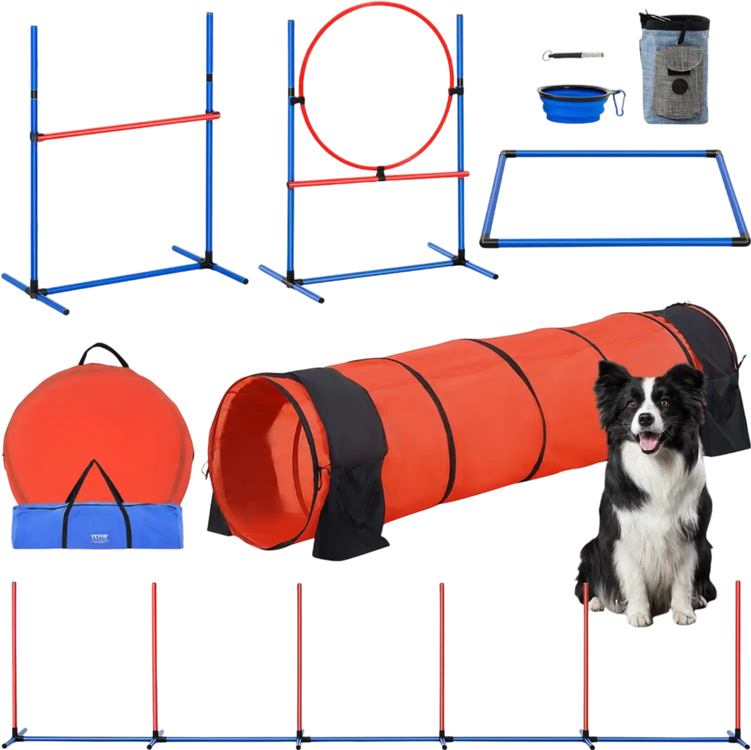 Vevor Dog Agility Training Equipment 5-Piece Obstacle Course Kit with Tunnel, Hurdles, Jump Ring & Pause Box New