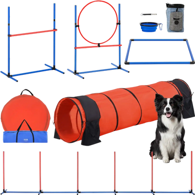 Vevor Dog Agility Training Equipment 5-Piece Obstacle Course Kit with Tunnel, Hurdles, Jump Ring & Pause Box New
