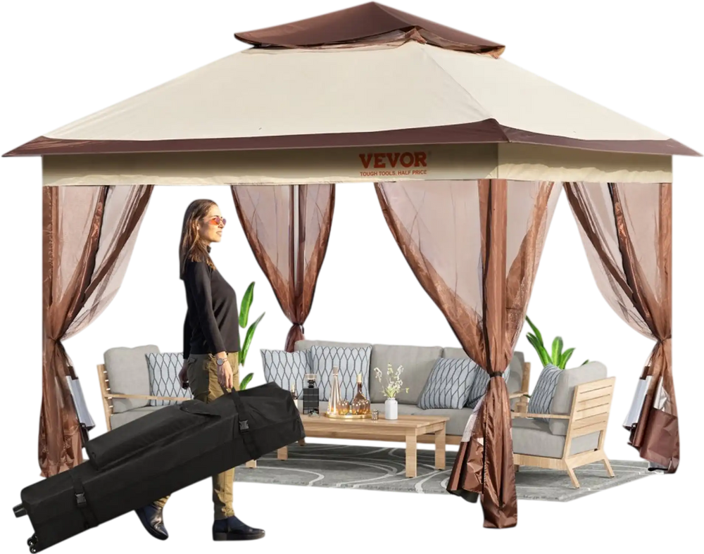 VEVOR Patio Gazebo, 11 x 11 FT Pop up Gazebo for 8-10 Person, with Mosquito Netting, Metal Frame, and PU Coated 250D Oxford Cloth, Outdoor Canopy Shelter for Patio, Backyard, Lawn, Garden, Deck