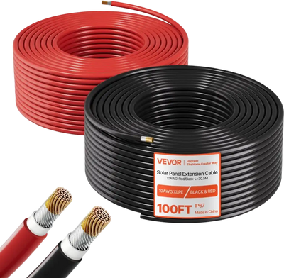 Vevor Solar Panel Extension Cable 100' Black and 100' Red 10 AWG PV Tinned Copper Wire New