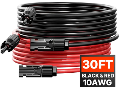 VEVOR 30FT Solar Panel Extension Cable, 10AWG Solar Extension Cable Wire with Female & Male Waterproof Connectors, 6mm² PV Cable for Home, Ship and RV Solar Panels, 30FT Black + 30FT Red (Set of 2)