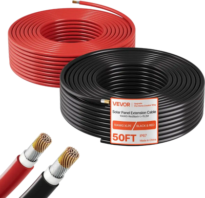 VEVOR Solar Panel Wire, 50 ft Black + 50 ft Red Kit, 10 AWG (6 mm²) Solar Panel Extension Cable, PV Tinned Copper Wire, for Outdoor Home Off-Grid Photovoltaic Systems Automotive RV Boat Marine, IP67