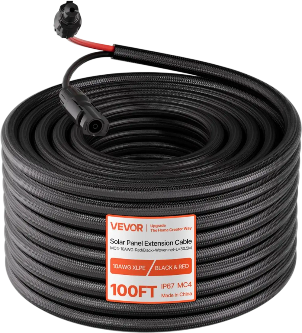 VEVOR 100FT Solar Panel Extension Cable, 10 AWG, Solar Panel Wire with Flame Retardant Protective Sleeving, Female and Male Connectors, IP67 Waterproof PV Wire, for Outdoor Automotive RV, Black & Red