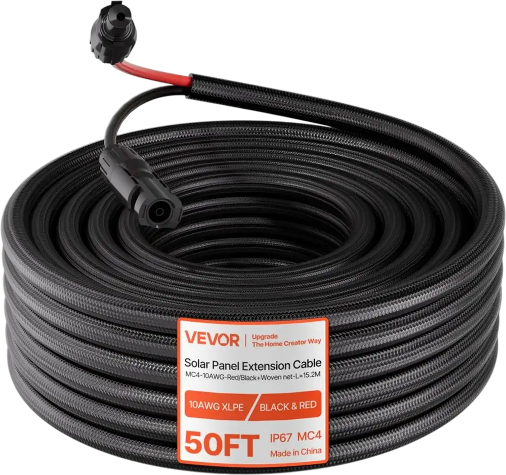 VEVOR 50FT Solar Panel Extension Cable, 10 AWG, Solar Panel Wire with Flame Retardant Protective Sleeving, Female and Male Connectors, IP67 Waterproof PV Wire, for Outdoor Automotive RV, Black & Red
