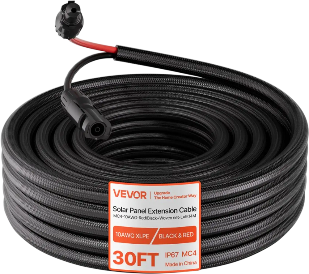 VEVOR 30FT Solar Panel Extension Cable, 10 AWG, Solar Panel Wire with Flame Retardant Protective Sleeving, Female and Male Connectors, IP67 Waterproof PV Wire, for Outdoor Automotive RV, Black & Red