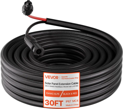VEVOR 30FT Solar Panel Extension Cable, 10 AWG, Solar Panel Wire with Flame Retardant Protective Sleeving, Female and Male Connectors, IP67 Waterproof PV Wire, for Outdoor Automotive RV, Black & Red