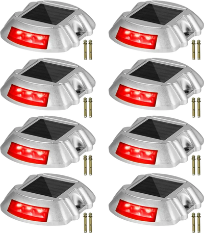 Vevor Driveway Lights, 8-Pack Solar Driveway Lights with Switch Button, Solar Deck Lights Waterproof, Wireless Dock Lights 6 LEDs for Path Warning Garden Walkway Sidewalk Steps, LED Bright Red